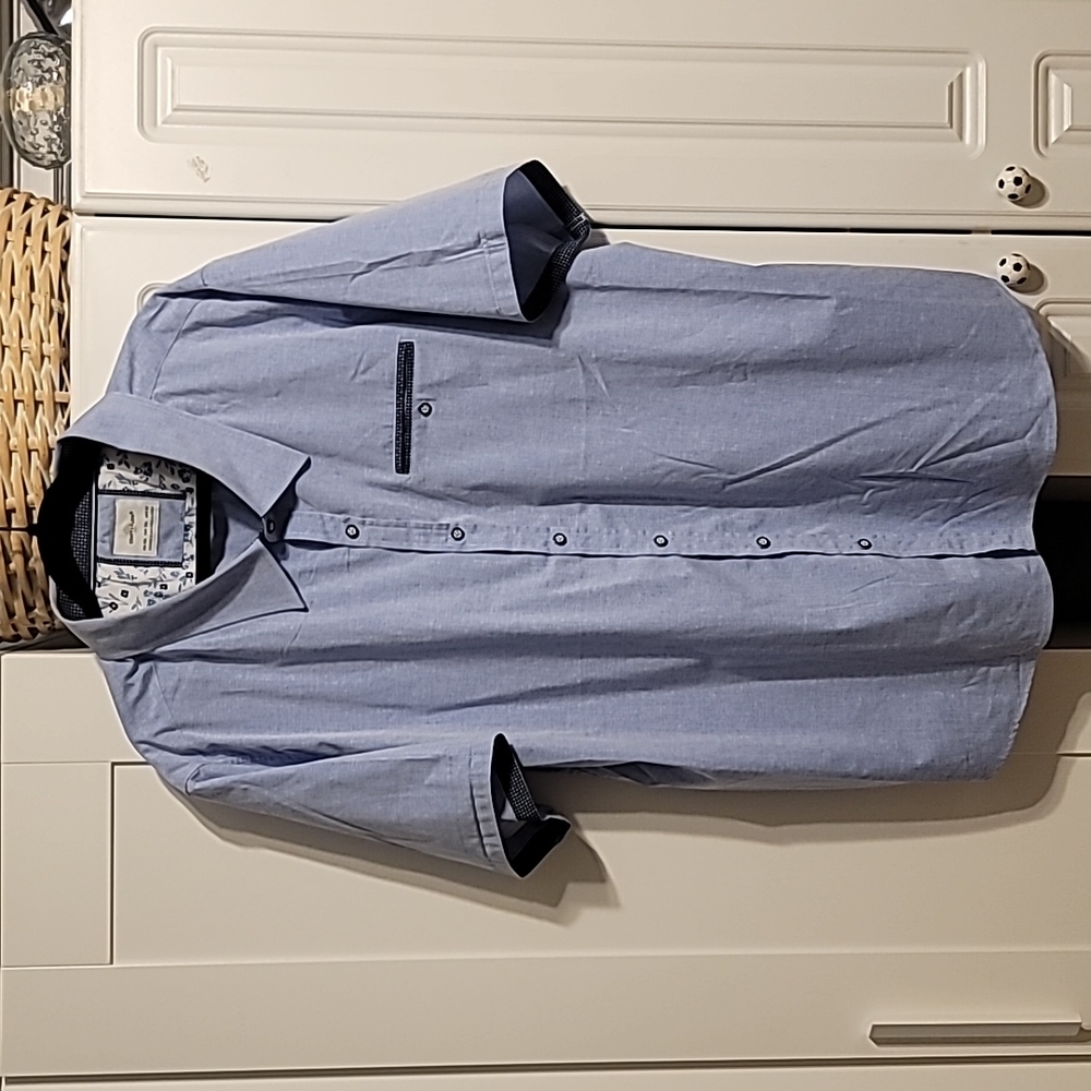 Craft+Flow Men's Casual Shirt Sz 2XL Blue Chambray Short Sleeve  Stretch